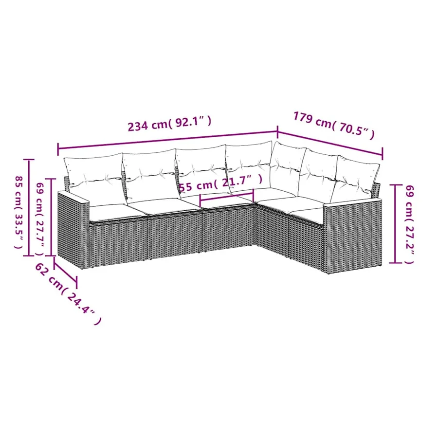 Salon de jardin 6 pcs avec coussins noir résine tressée - 7