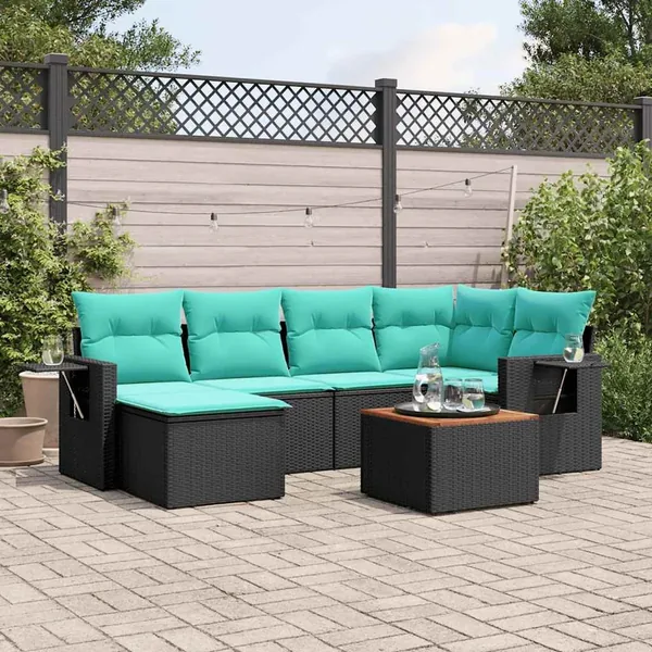 Ensemble de canapé de jardin 7 pcs avec coussins noir résine tressée
