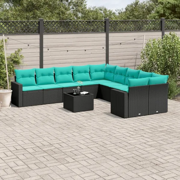 Salon de jardin 11 pcs avec coussins noir résine tressée