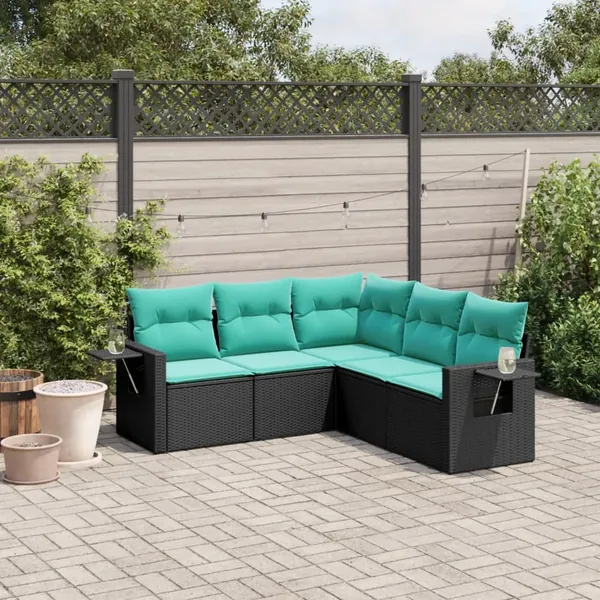 Salon de jardin 5 pcs avec coussins noir résine tressée