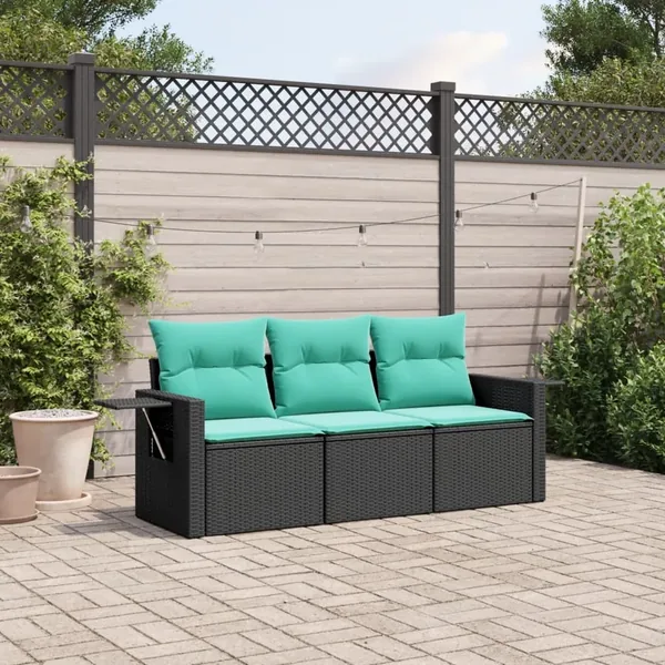Salon de jardin 3 pcs avec coussins noir résine tressée