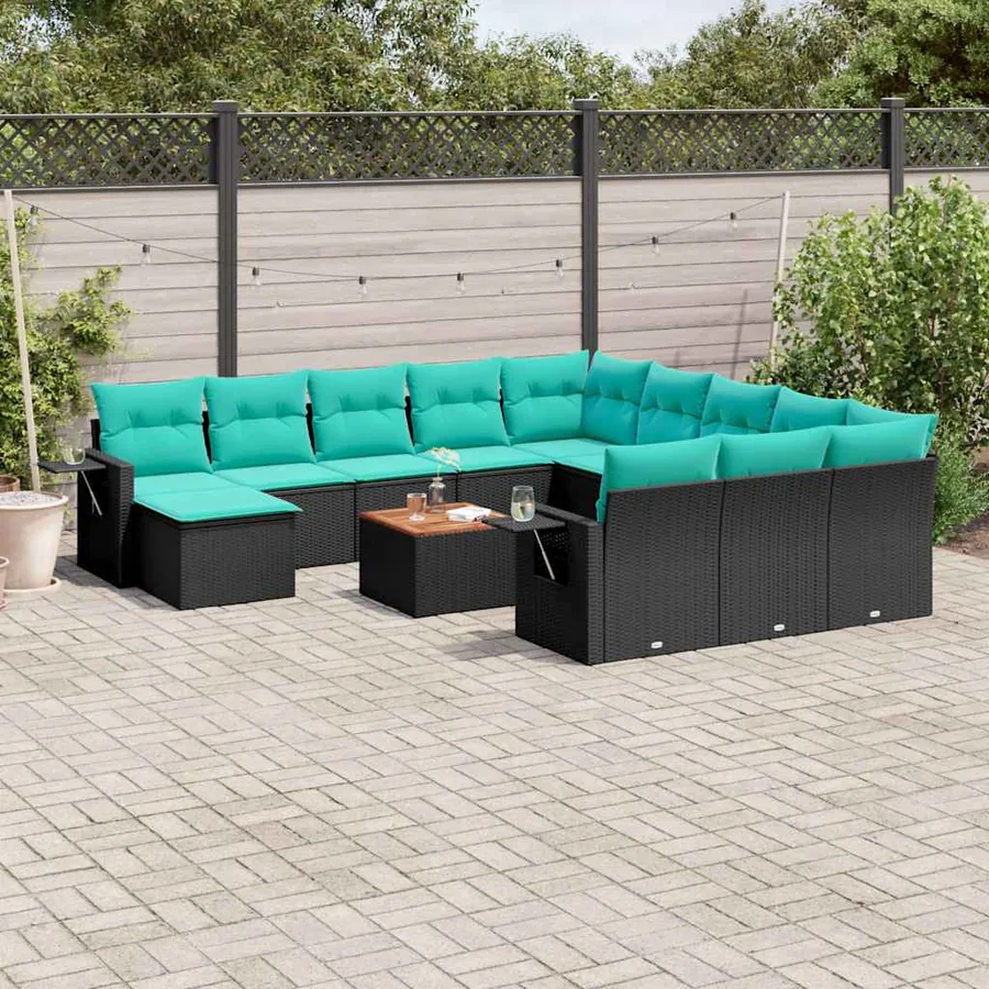 Ensemble de canapé de jardin 13 pcs avec coussins noir résine tressée