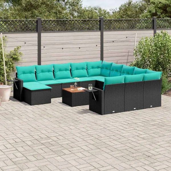 Ensemble de canapé de jardin 13 pcs avec coussins noir résine tressée