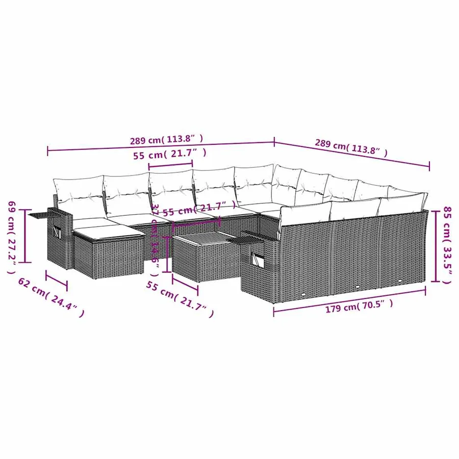 Ensemble de canapé de jardin 13 pcs avec coussins noir résine tressée - 10
