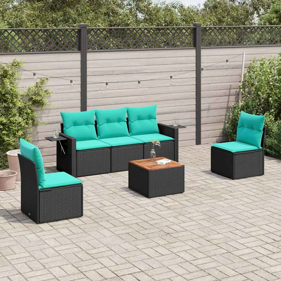 Ensemble de canapé de jardin 6 pcs avec coussins noir résine tressée