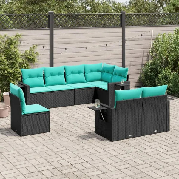 Salon de jardin 8 pcs avec coussins noir résine tressée