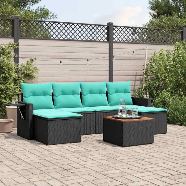 Ensemble de canapé de jardin 7 pcs avec coussins noir résine tressée