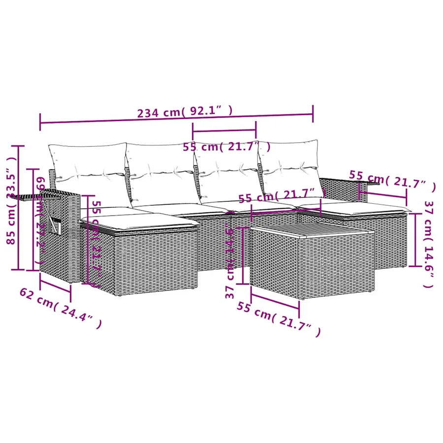 Ensemble de canapé de jardin 7 pcs avec coussins noir résine tressée - 9