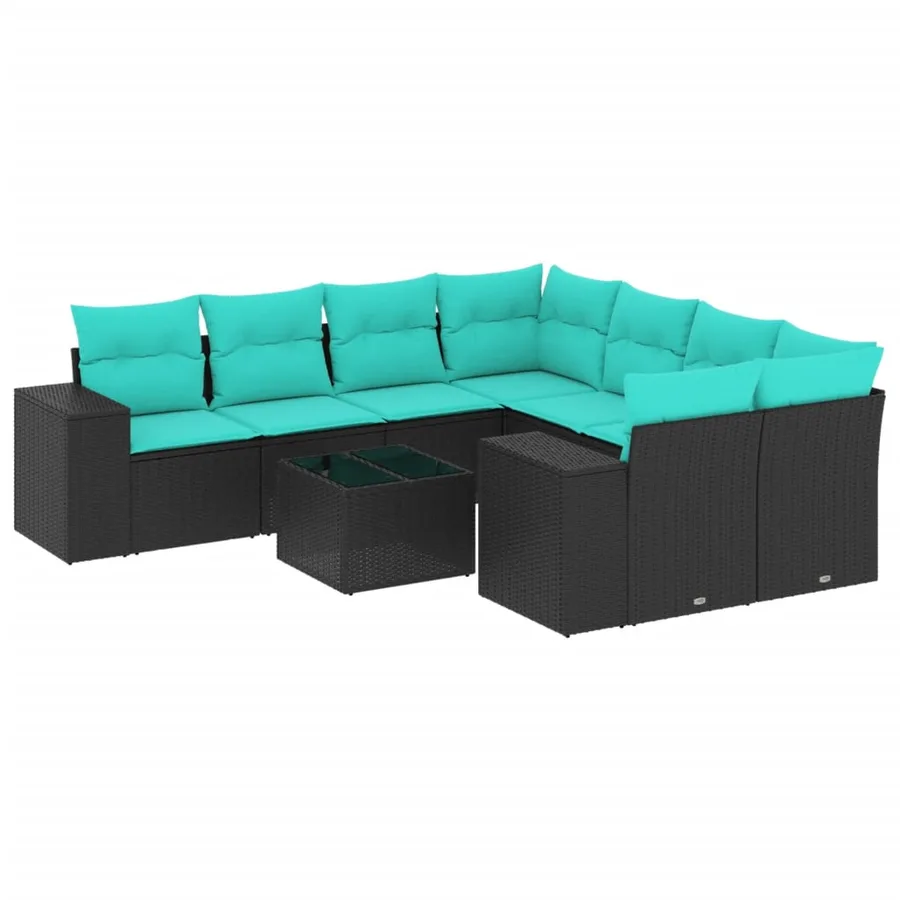 Ensemble de canapé de jardin 9 pcs avec coussins noir résine tressée - 2
