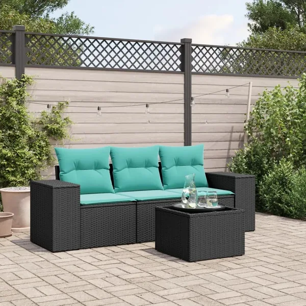 Ensemble de canapé de jardin 4 pcs avec coussins noir résine tressée