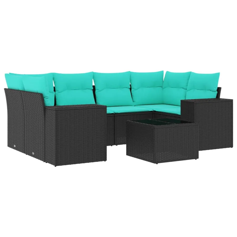 Ensemble de canapé de jardin 7 pcs avec coussins noir résine tressée - 2