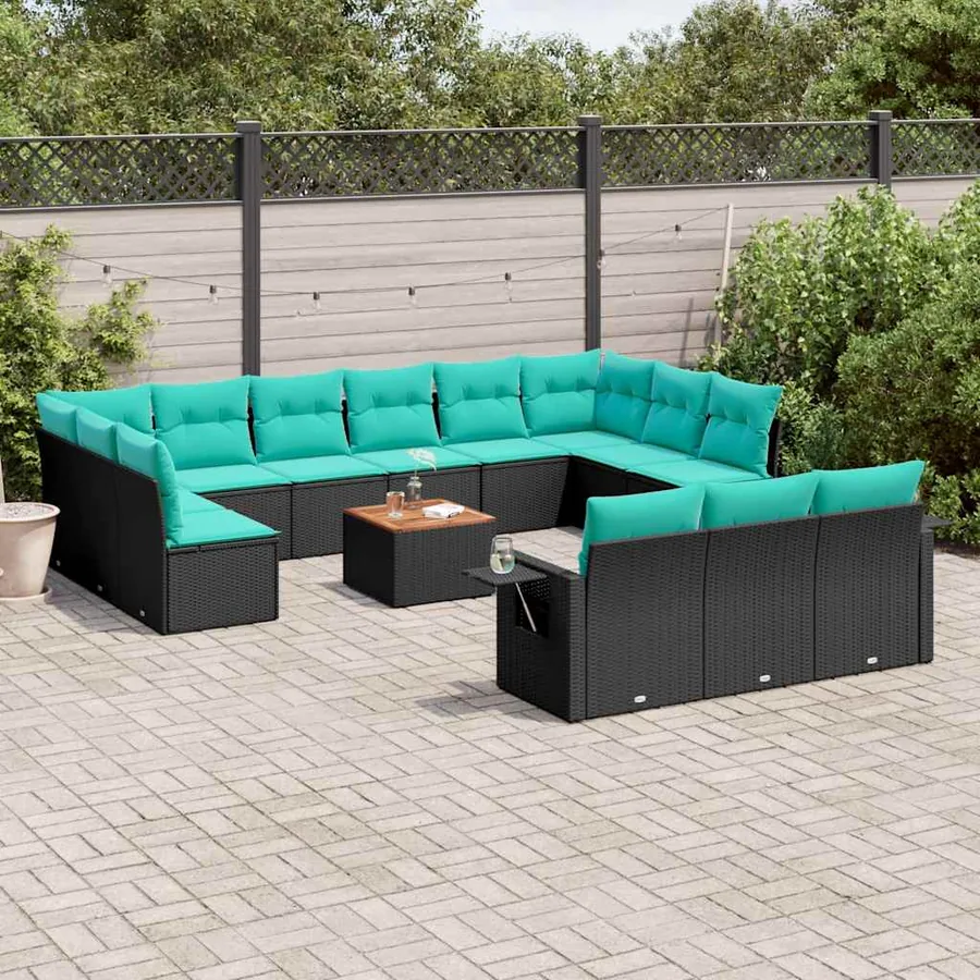 Ensemble de canapé de jardin 14 pcs avec coussins noir résine tressée