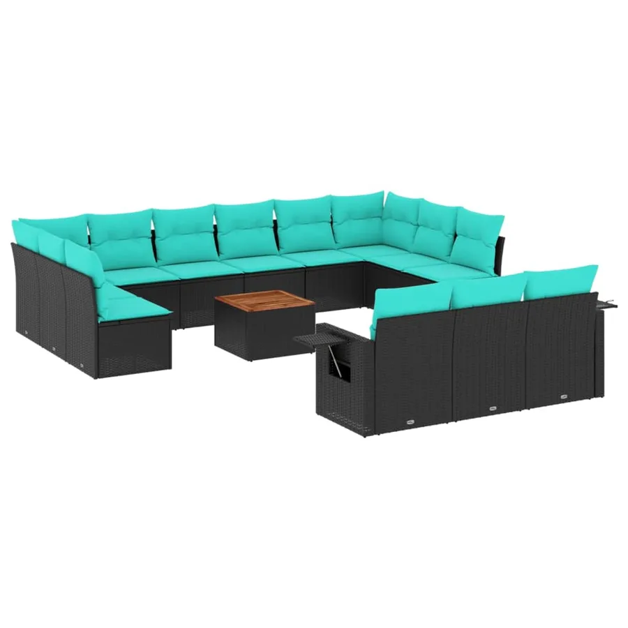 Ensemble de canapé de jardin 14 pcs avec coussins noir résine tressée - 2