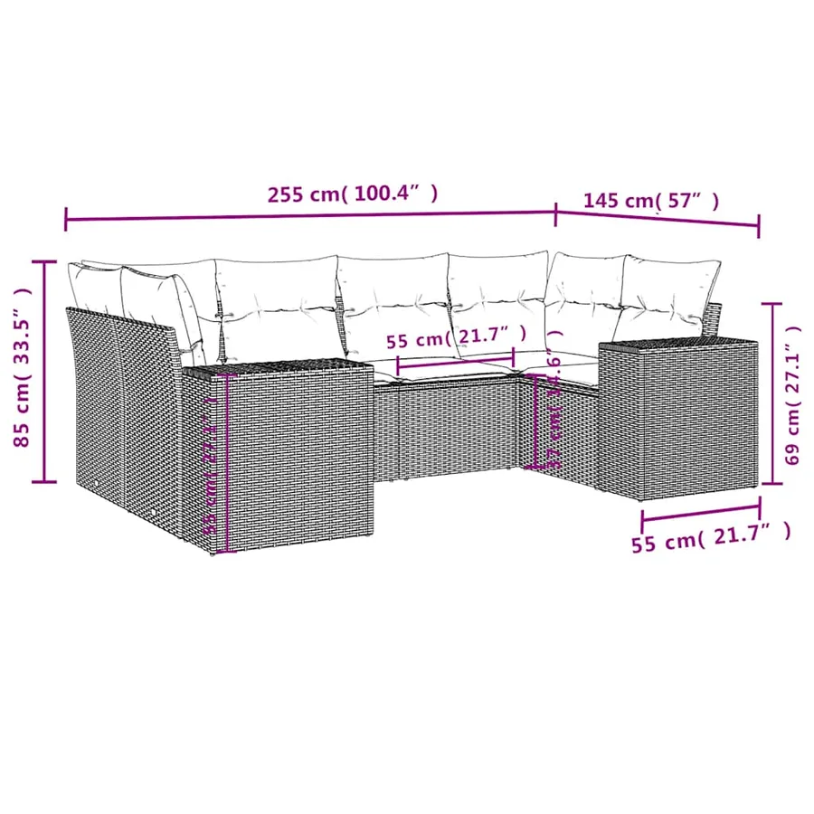 Salon de jardin 6 pcs avec coussins noir résine tressée - 7