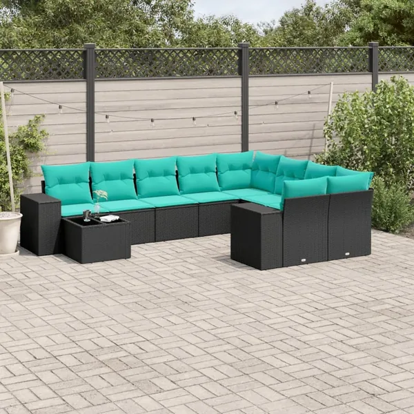 Ensemble de canapé de jardin 10 pcs avec coussins noir résine tressée