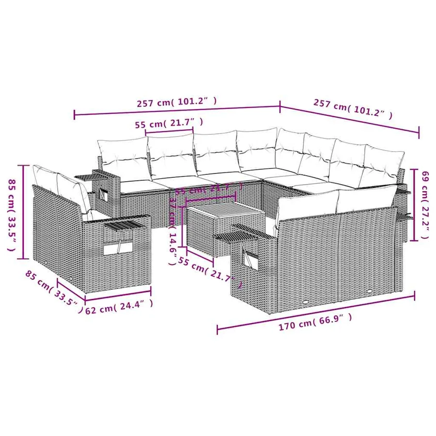 Ensemble de canapé de jardin 12 pcs avec coussins noir résine tressée - 9