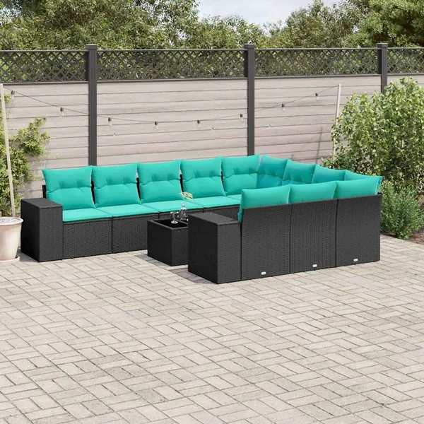 Ensemble de canapé de jardin 11 pcs avec coussins noir résine tressée