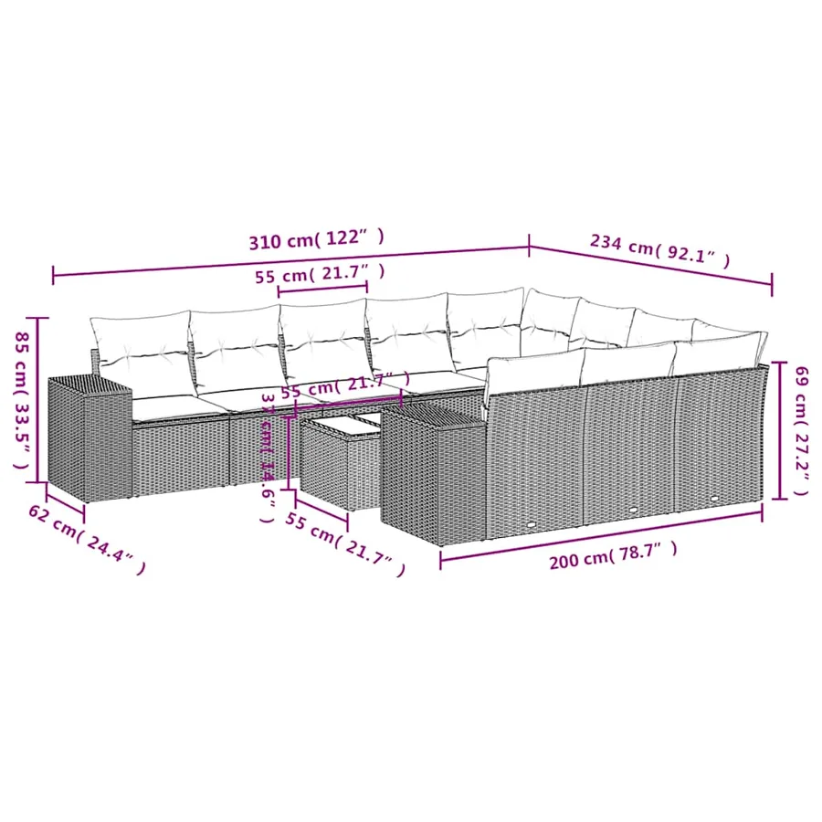 Ensemble de canapé de jardin 11 pcs avec coussins noir résine tressée - 8