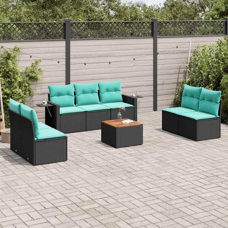 Ensemble de canapé de jardin 8 pcs avec coussins noir résine tressée