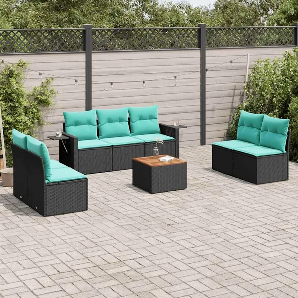 Ensemble de canapé de jardin 8 pcs avec coussins noir résine tressée