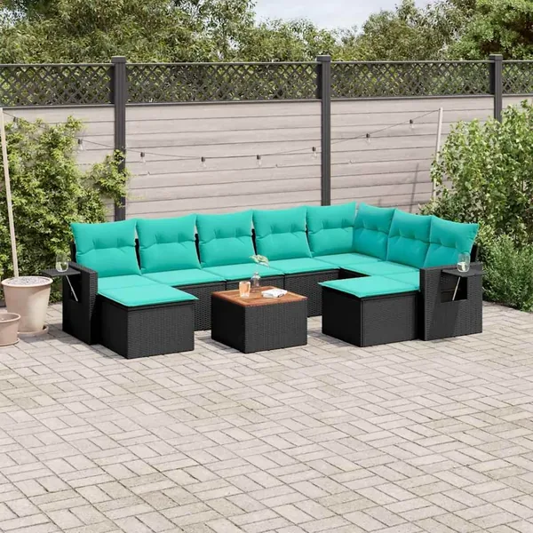 Ensemble de canapé de jardin 10 pcs avec coussins noir résine tressée