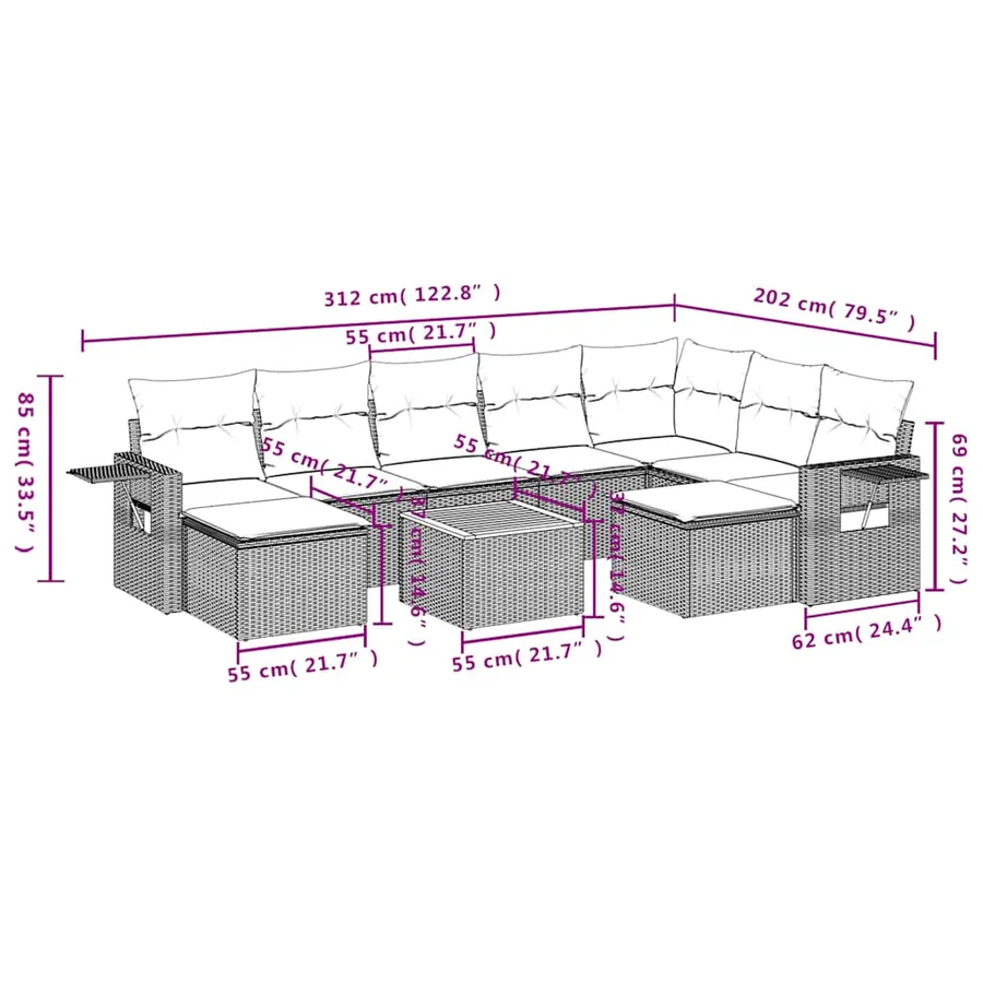 Ensemble de canapé de jardin 10 pcs avec coussins noir résine tressée - 10