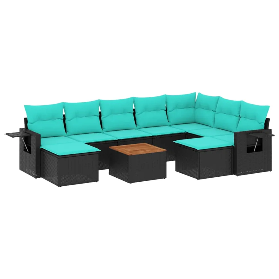 Ensemble de canapé de jardin 10 pcs avec coussins noir résine tressée - 2