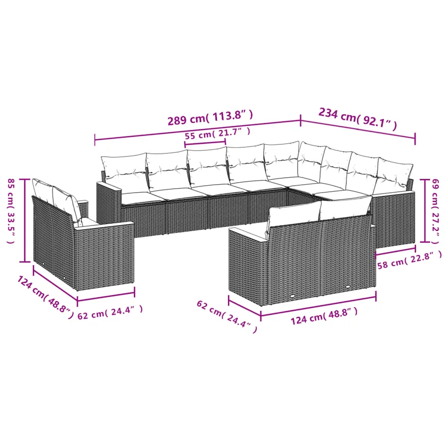 Salon de jardin avec coussins 12 pcs noir résine tressée - 7
