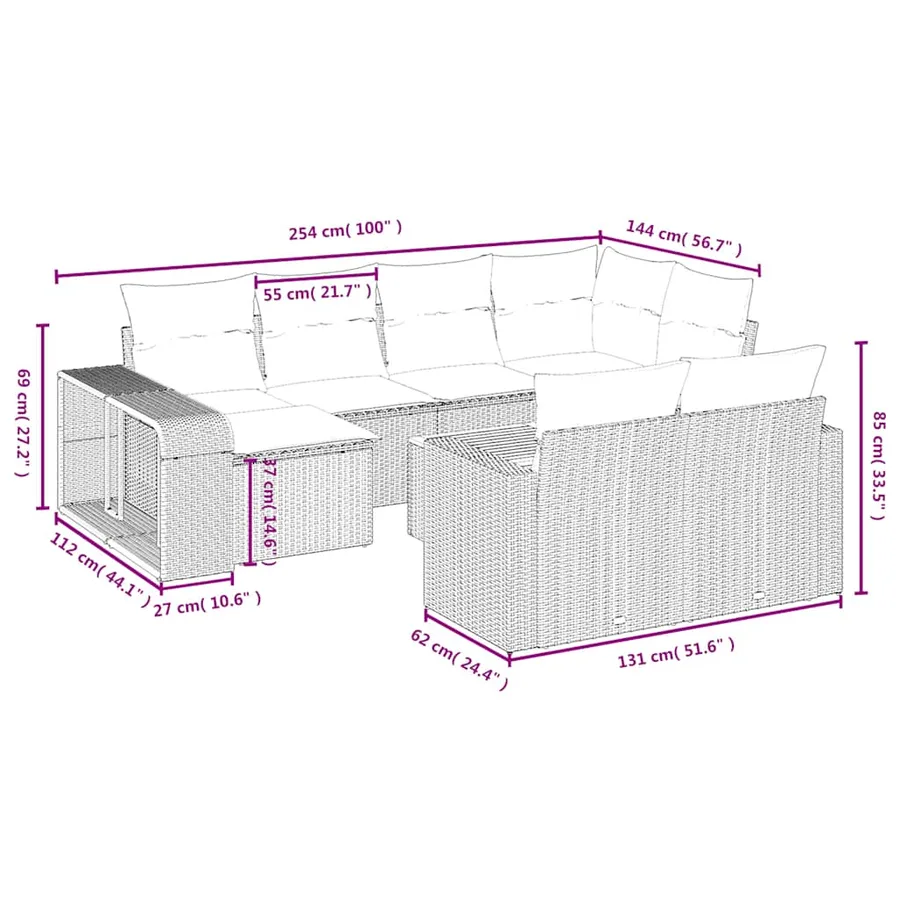 Ensemble de canapé de jardin 11 pcs avec coussins noir résine tressée - 10