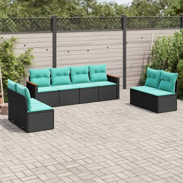 Salon de jardin 8 pcs avec coussins noir résine tressée