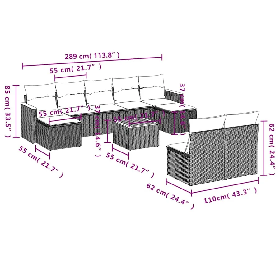 Ensemble de canapé de jardin 10 pcs avec coussins noir résine tressée - 9