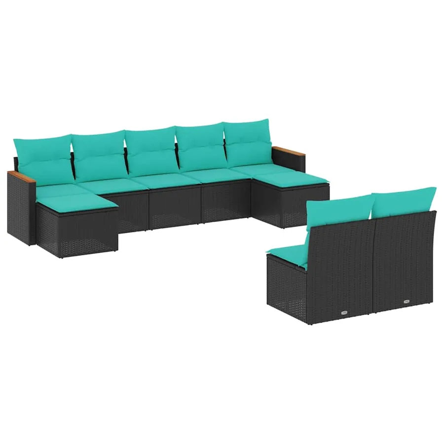 Salon de jardin 9 pcs avec coussins noir résine tressée - 2