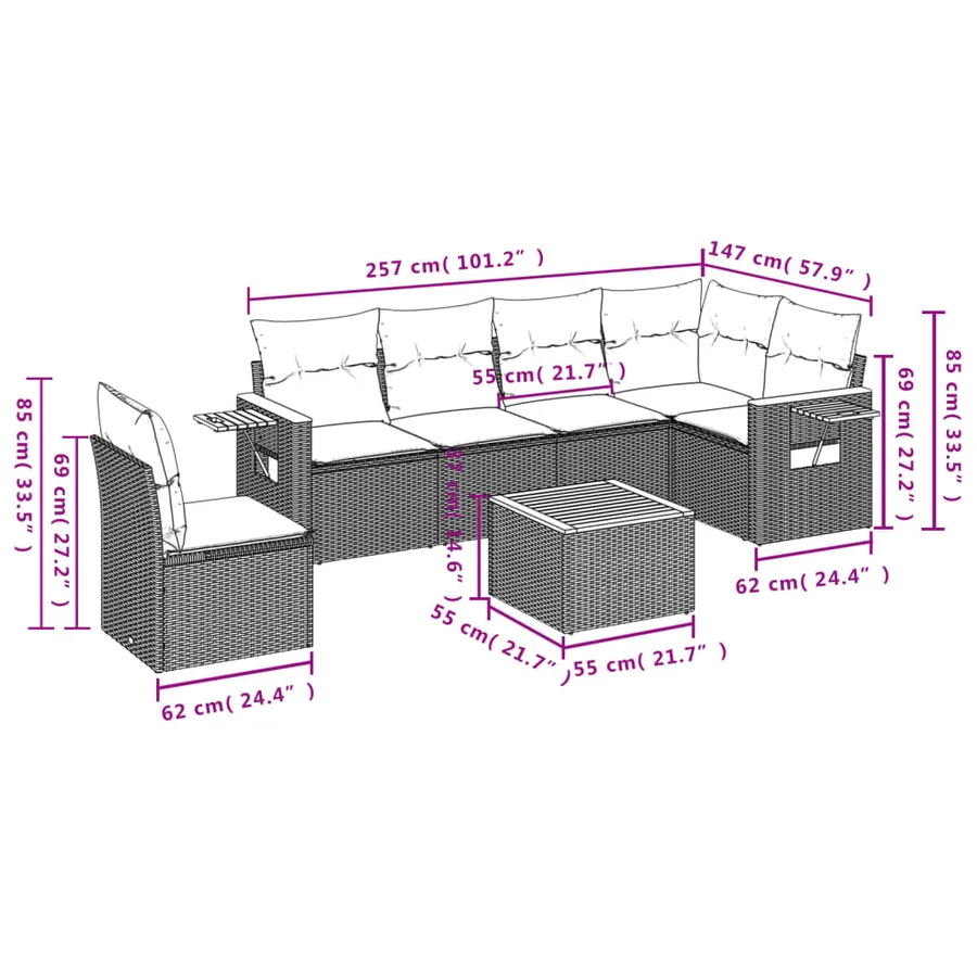 Salon de jardin 7 pcs avec coussins noir résine tressée 62 x 62 x 69 cm - 57,2 kg - 9
