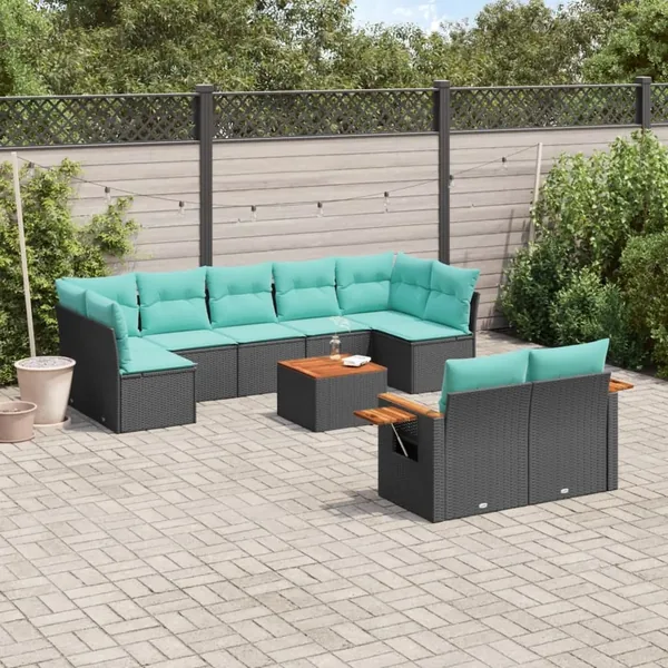 Salon de jardin 10 pcs avec coussins noir résine tressée