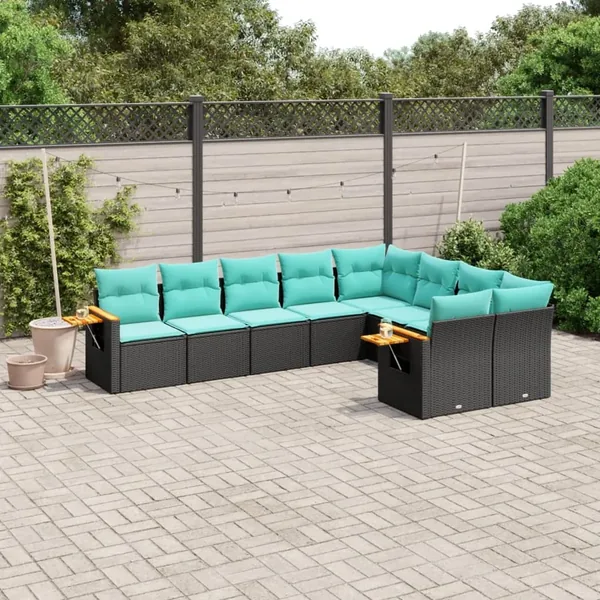 Salon de jardin 9 pcs avec coussins noir résine tressée