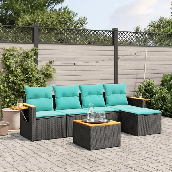 Salon de jardin 6 pcs avec coussins noir résine tressée