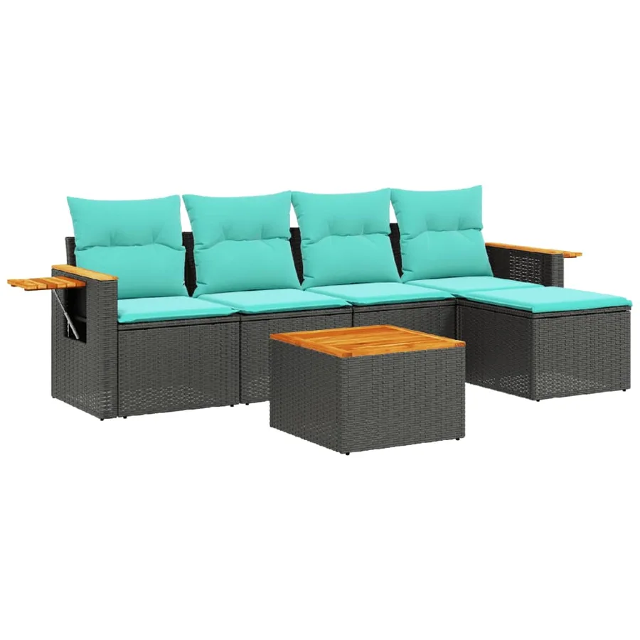 Salon de jardin 6 pcs avec coussins noir résine tressée - 2