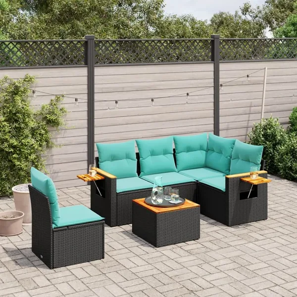 Salon de jardin 6 pcs avec coussins noir résine tressée