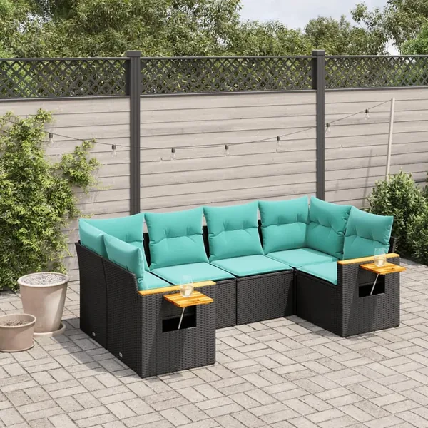 Salon de jardin 6 pcs avec coussins noir résine tressée