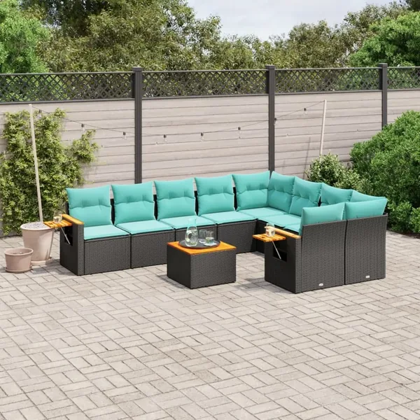 Salon de jardin 10 pcs avec coussins noir résine tressée