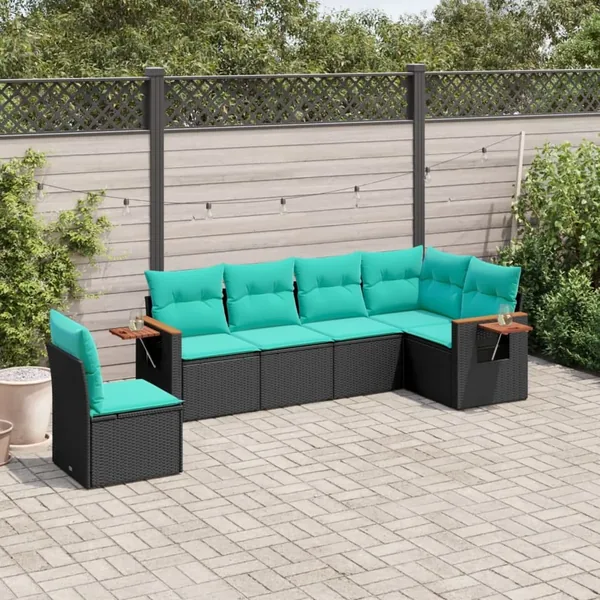 Salon de jardin 6 pcs avec coussins noir résine tressée