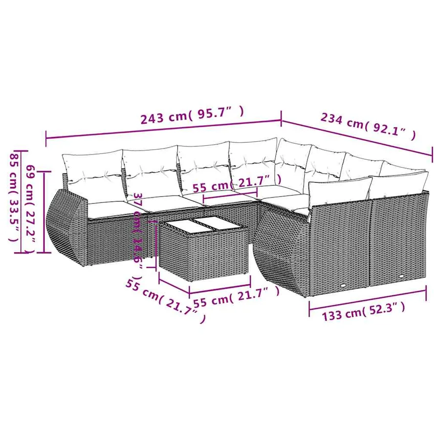Ensemble de canapé de jardin 9 pcs avec coussins noir résine tressée - 8