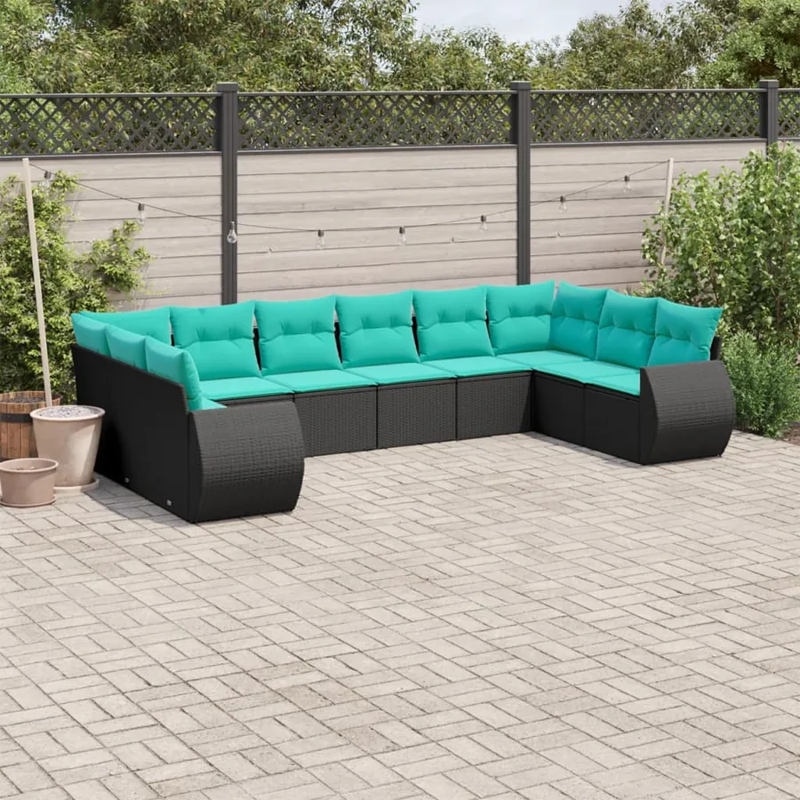 Salon de jardin 10 pcs avec coussins noir résine tressée