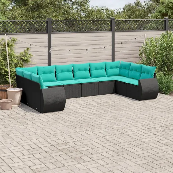 Salon de jardin 10 pcs avec coussins noir résine tressée