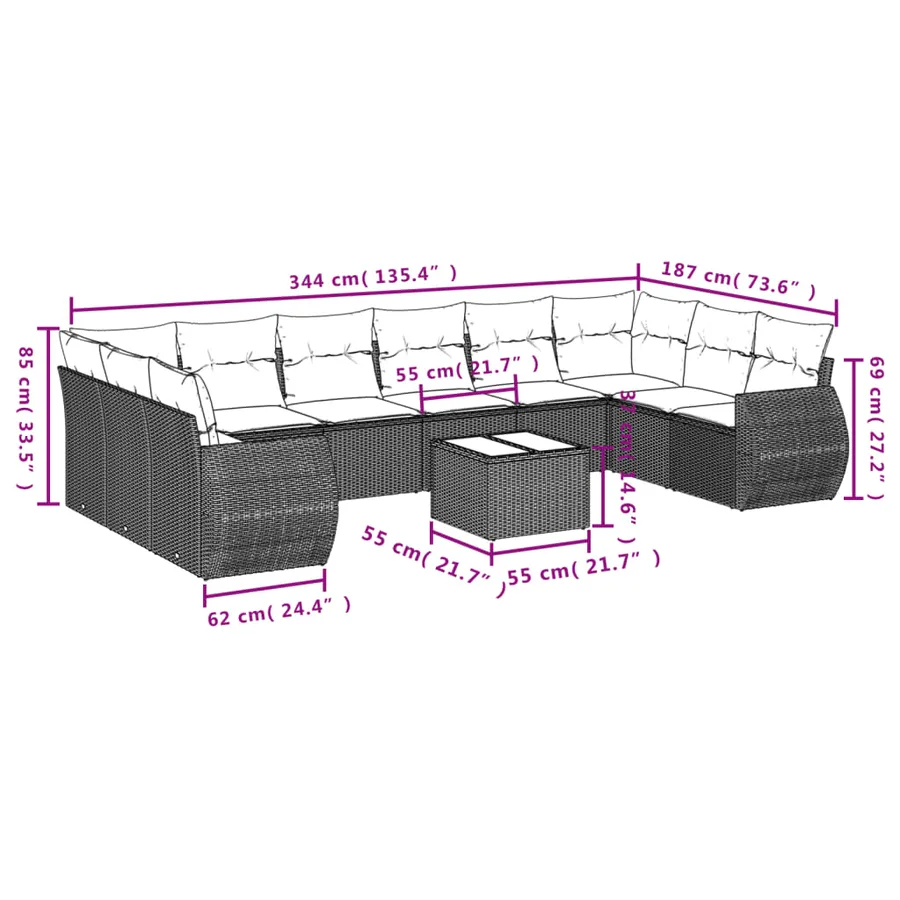 Salon de jardin 10 pcs avec coussins noir résine tressée - 8
