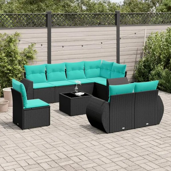 Ensemble de canapé de jardin 9 pcs avec coussins noir résine tressée