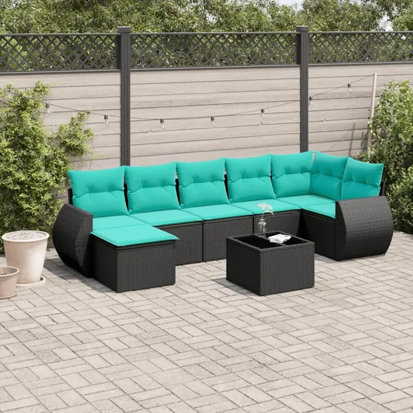 Ensemble de canapé de jardin 8 pcs avec coussins noir résine tressée
