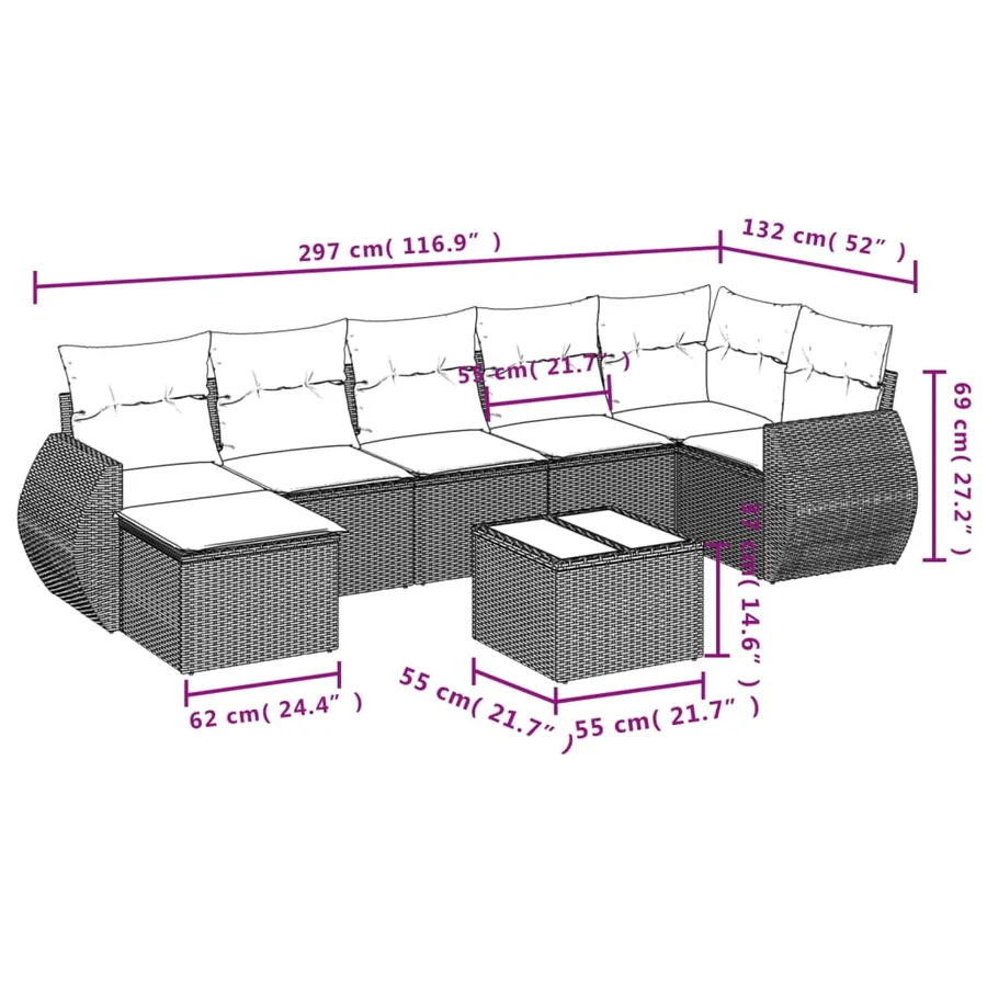 Ensemble de canapé de jardin 8 pcs avec coussins noir résine tressée - 9