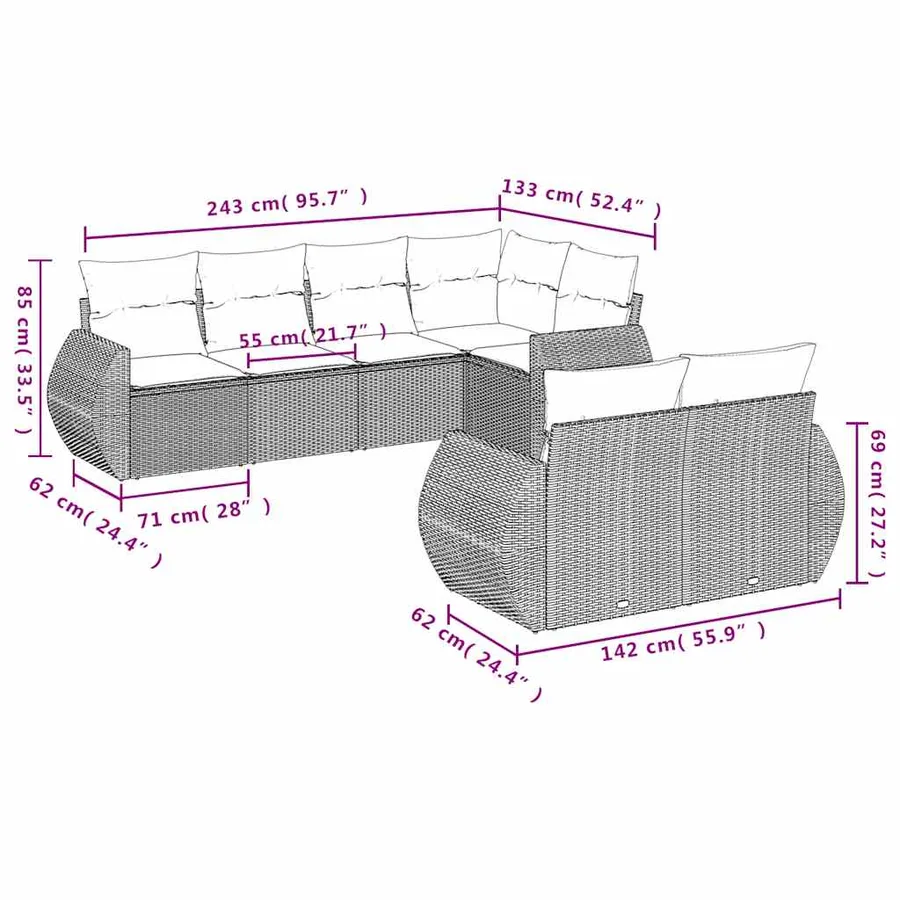 Salon de jardin 7 pcs avec coussins noir résine tressée 62 x 62 x 69 cm - 61,6 kg - 7