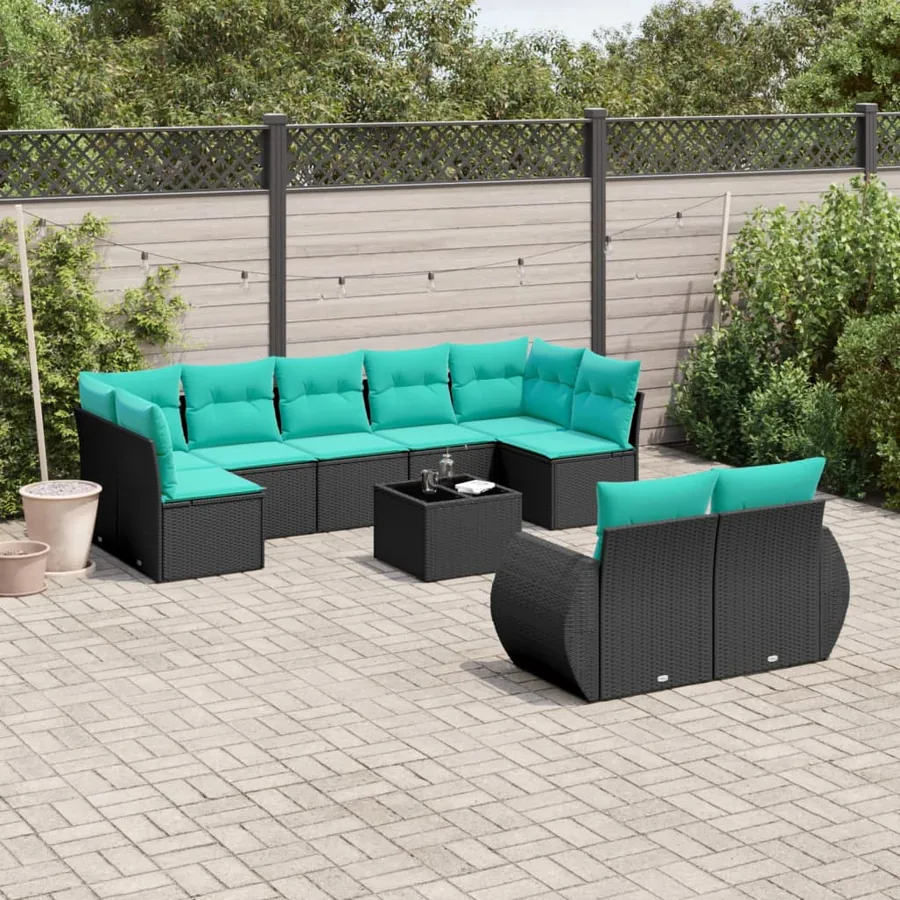 Ensemble de canapé de jardin 10 pcs avec coussins noir résine tressée